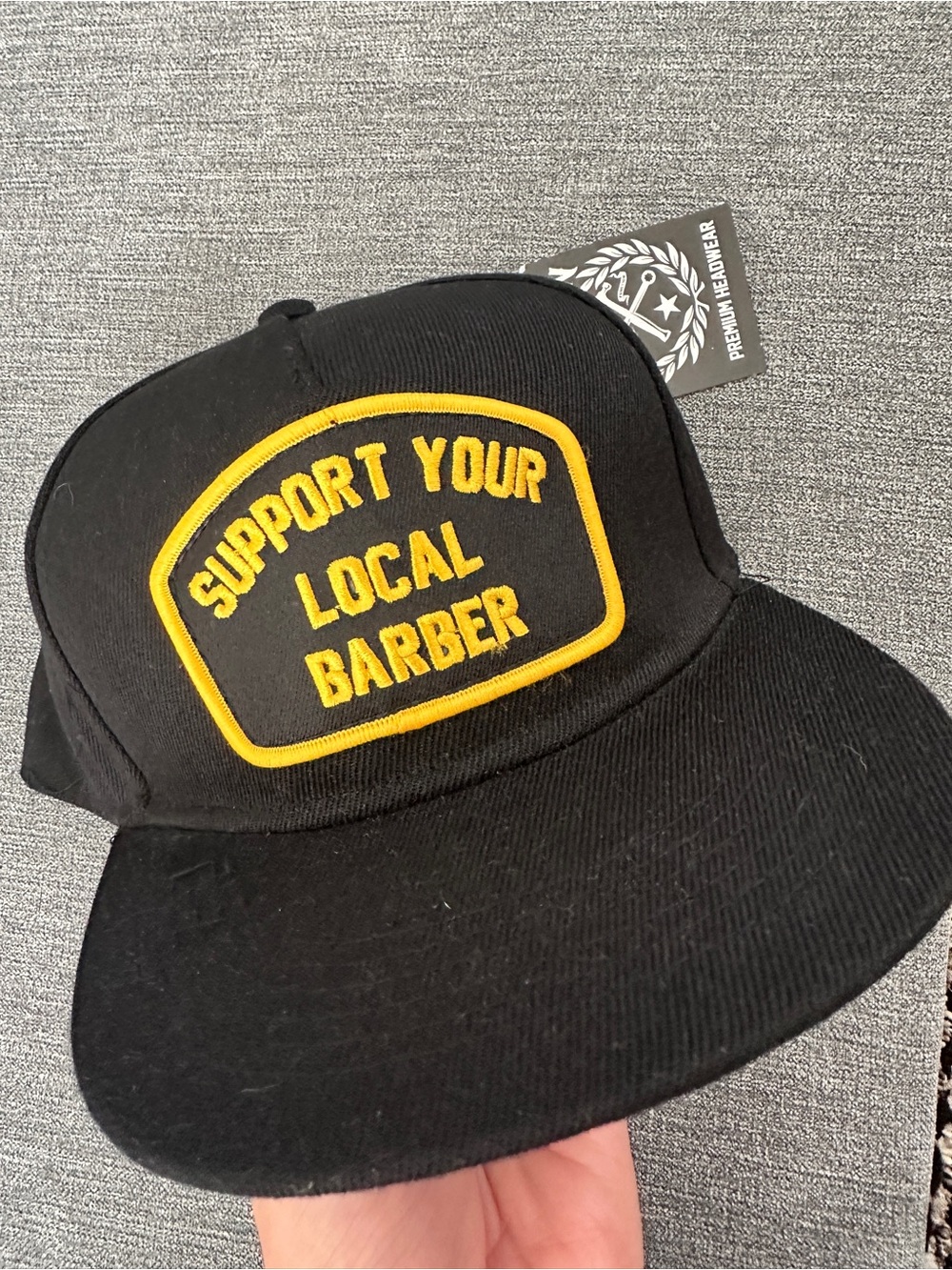 NWTs- Support Your Local Barber Black Snapback Hat with Yellow Writing